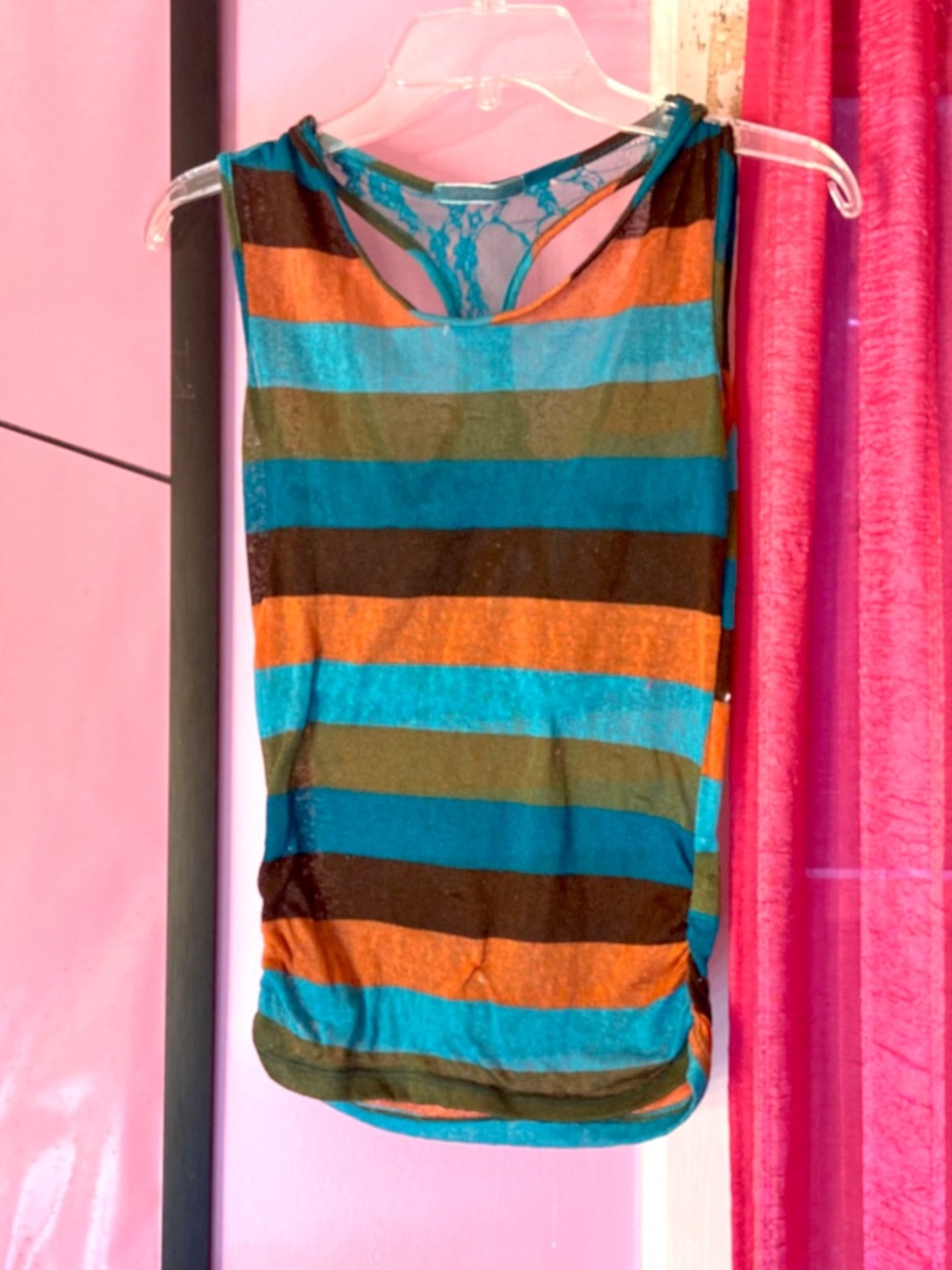 Vintage Y2k Sheer Knit Top Colorblock Stripes Lace Back Detail Ruched Size Small